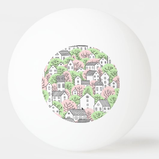 Bomen, huizen, het landschap van de lentestad pingpongbal (Voorkant)