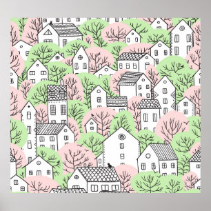 Bomen, huizen, het landschap van de lentestad poster