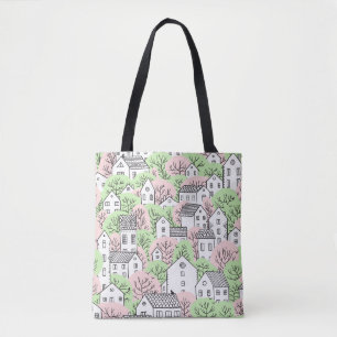 Bomen, huizen, het landschap van de lentestad tote bag