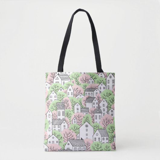 Bomen, huizen, het landschap van de lentestad tote bag (Voorkant)