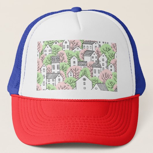 Bomen, huizen, het landschap van de lentestad trucker pet (Voorkant)