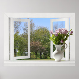 Bomen in de lente - Open raam uitzicht met tulpen Poster