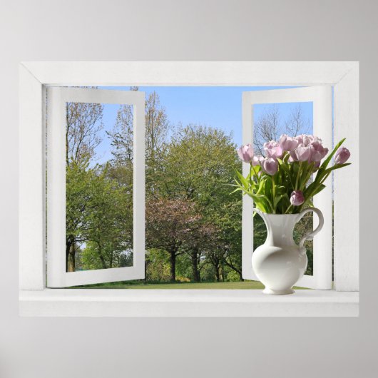 Bomen in de lente - Open raam uitzicht met tulpen Poster (Voorkant)