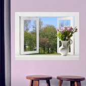 Bomen in de lente - Open raam uitzicht met tulpen Poster