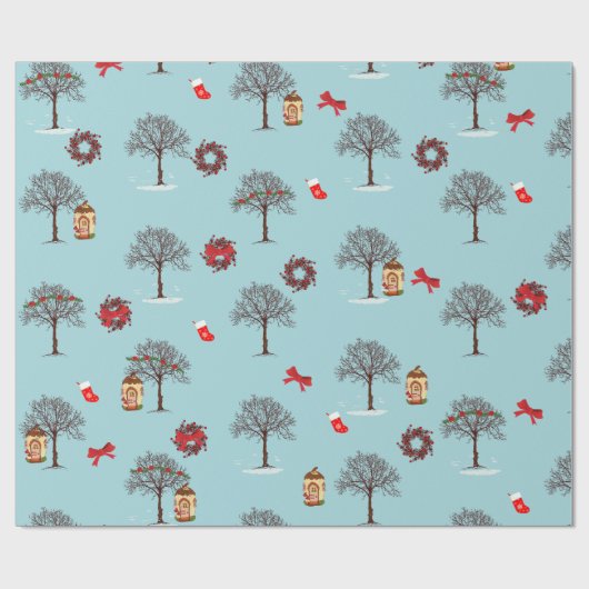 Bomen in de winter en kerstversiering cadeaupapier (Vlak)