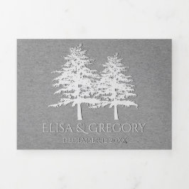 Bomen in reliëf grijs kraftpapier winterbruiloft drieluik uitnodiging