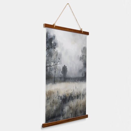 Bomen Meadow Low Lying Fog Landschap Hangend Wandkleed (Gebogen)