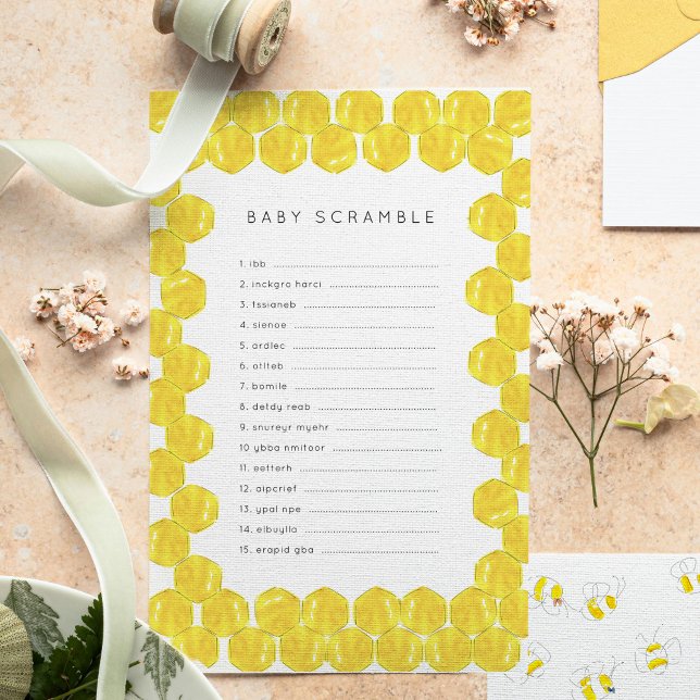 Bomen met Baby ABC's Baby shower Game (Yellow watercolor bees and honeycomb Baby Shower word scramble game sheets.)