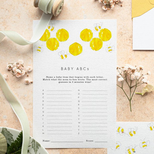Bomen met Baby ABC's Baby shower Game (Yellow watercolor bees and honeycomb Baby Shower ABCs game sheets.)