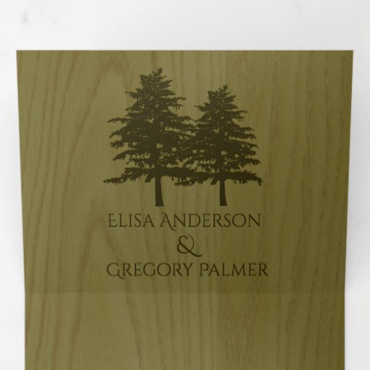 Bomen met gegaufreerde naaldbomen, groen hout, tro drieluik uitnodiging (Binnenzijde eerst)