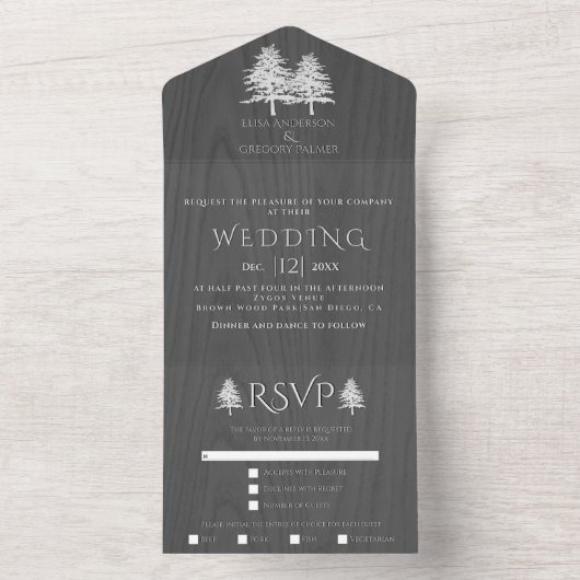 Bomen met witte reliëfbomen op een grijze winterbr all in one uitnodiging (Binnen)