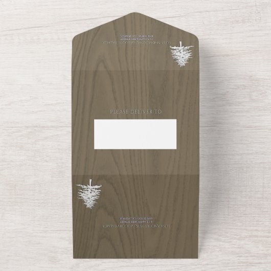 Bomen met witte reliëfbomen op sepiawoudbruiloft all in one uitnodiging (Buitenkant)