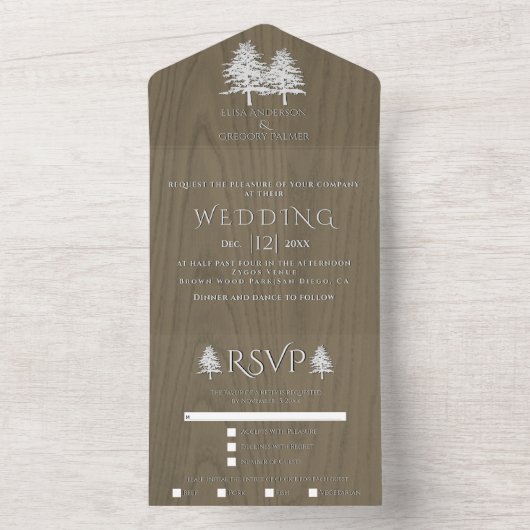 Bomen met witte reliëfbomen op sepiawoudbruiloft all in one uitnodiging (Binnen)