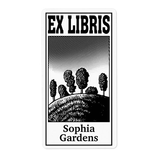 Bomen op een heuveltje Ex libris Etiket (Voorkant)