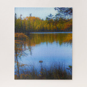 bomen over een meer in de puzzel van de herfst