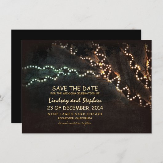 Bomen & reeks van rustieke lichten opslaan van de save the date (Voorkant / Achterkant)