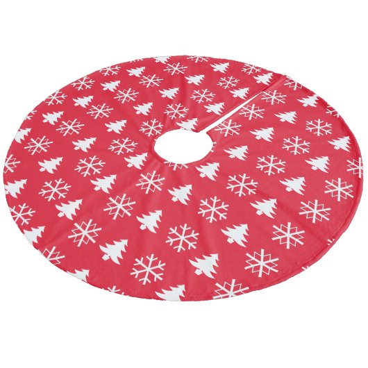 Bomen Snowflakes op wit op rood Fleece Kerstboom Rok (Gekanteld)