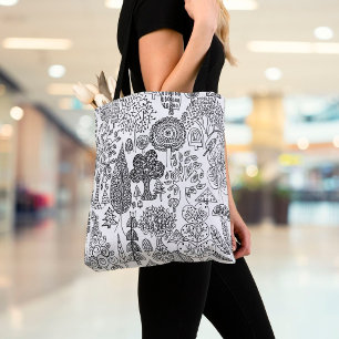 Bomen Zwart en Wit Handgetekende Moderne Kunst Tote Bag