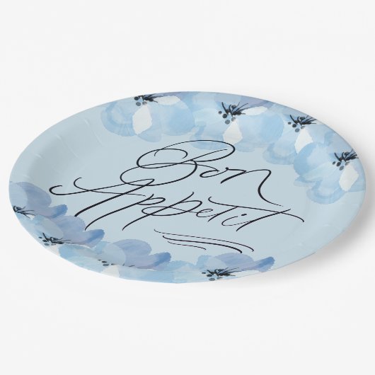 Bon Appetit Blue Floral Papieren Bordje (Gekanteld)
