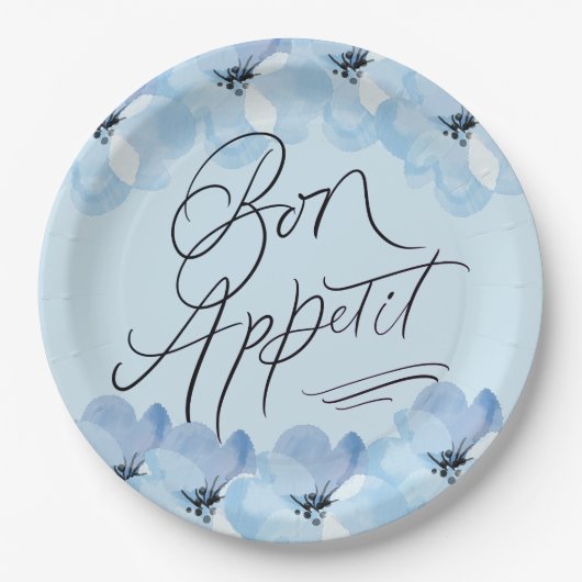 Bon Appetit Blue Floral Papieren Bordje (Voorkant)