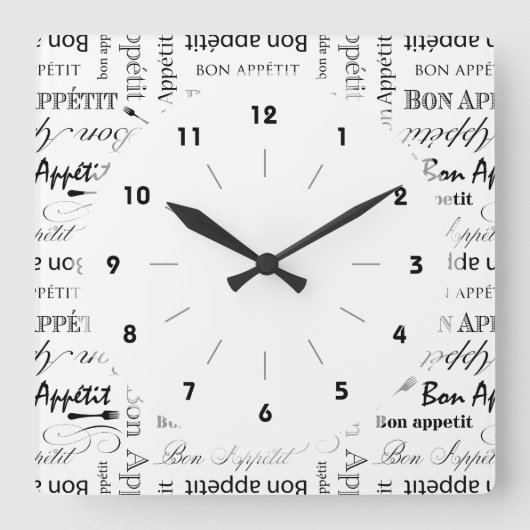 Bon Appetit Classic Black en White Pattern Vierkante Klok (Voorkant)