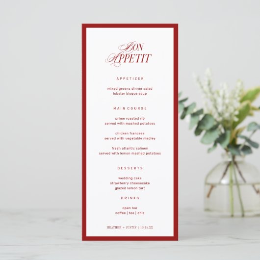 Bon Appetit Classic Elegant Red Wedding Menu (Staand voorkant)