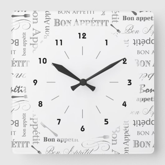 Bon Appetit Classic  Frans zwart-wit Vierkante Klok (Voorkant)