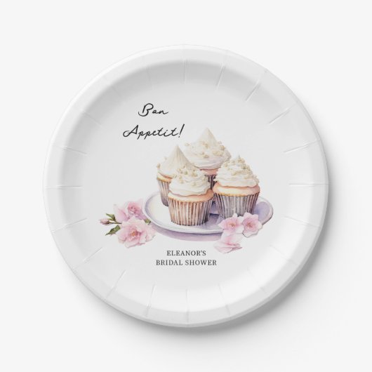 Bon Appetit Cupcakes en roze bloemen Papieren Bordje (Voorkant)