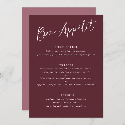 Bon Appétit Merlot Burgundy Handwriting Wedding Menu (Voorkant / Achterkant)