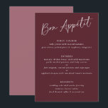 Bon Appétit Merlot Burgundy Handwriting Wedding Menu<br><div class="desc">Bon Appétit! Merlot / Bourgogne / Wine Wedding Menu: dit moderne trouwmenu bevat handteksten op een merlot-achtergrond aan de voorkant met de foto van het paar en bedankt je bericht aan de achterkant. Het is het perfecte dubbelzijdige trouwmenu om als menu en cadeau te dienen.</div>