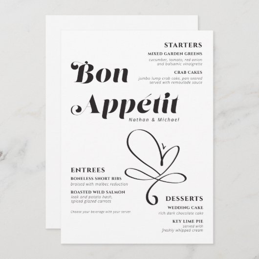 Bon Appetit Weddenschap Dinner Black White Menu (Voorkant / Achterkant)