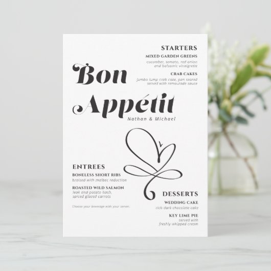 Bon Appetit Weddenschap Dinner Black White Menu (Staand voorkant)