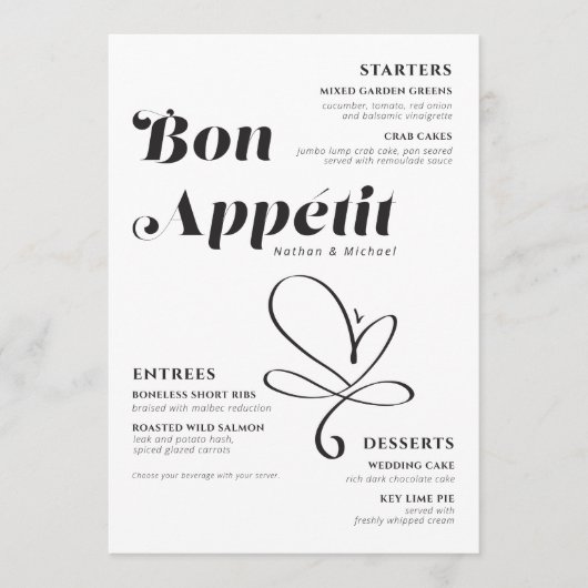 Bon Appetit Weddenschap Dinner Black White Menu (Voorkant)