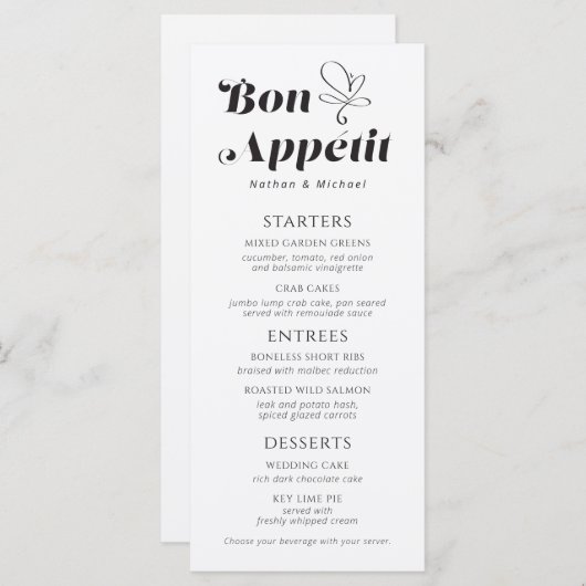 Bon Appetit Weddenschap Dinner Black White Menu (Voorkant / Achterkant)