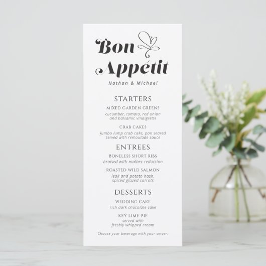 Bon Appetit Weddenschap Dinner Black White Menu (Staand voorkant)