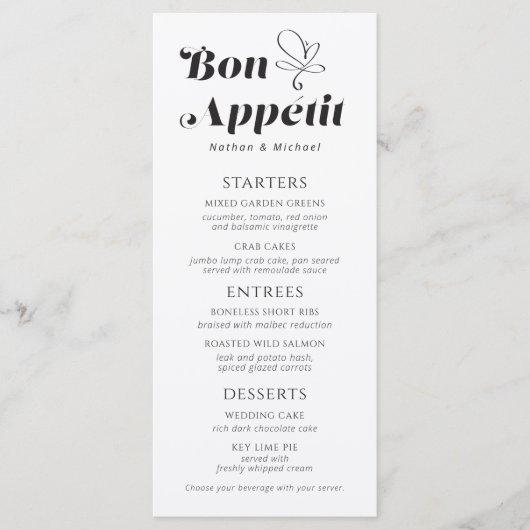 Bon Appetit Weddenschap Dinner Black White Menu (Voorkant)