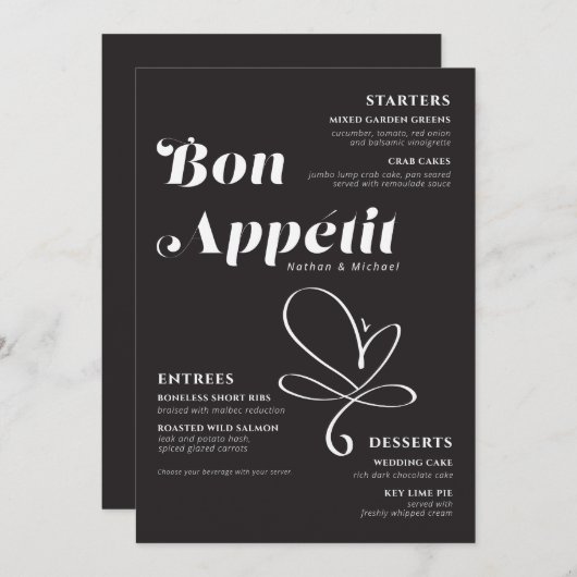 Bon Appetit Weddenschap Dinner Black White Menu (Voorkant / Achterkant)