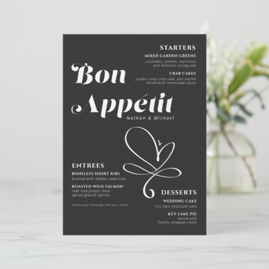 Bon Appetit Weddenschap Dinner Black White Menu (Staand voorkant)