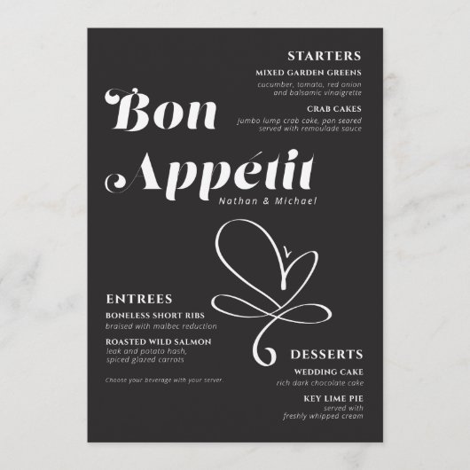 Bon Appetit Weddenschap Dinner Black White Menu (Voorkant)