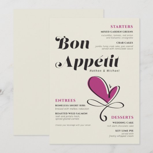 Bon Appetit Wedding Dinner Cream Magenta Menu (Voorkant / Achterkant)