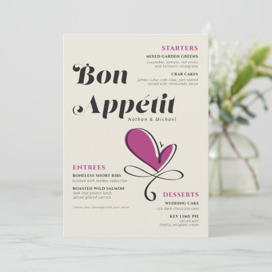 Bon Appetit Wedding Dinner Cream Magenta Menu (Staand voorkant)