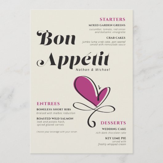 Bon Appetit Wedding Dinner Cream Magenta Menu (Voorkant)