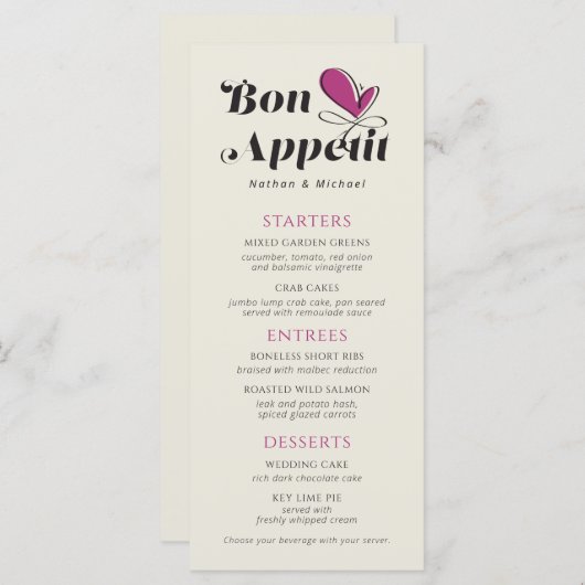 Bon Appetit Wedding Dinner Magenta Cream Menu (Voorkant / Achterkant)