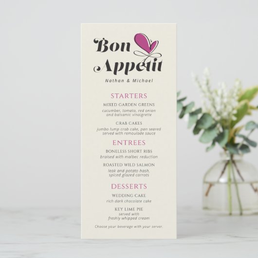 Bon Appetit Wedding Dinner Magenta Cream Menu (Staand voorkant)