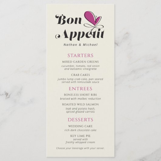 Bon Appetit Wedding Dinner Magenta Cream Menu (Voorkant)