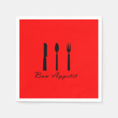 Bon Appetit zwart zilverwerk op rood papier servet (Voorkant)
