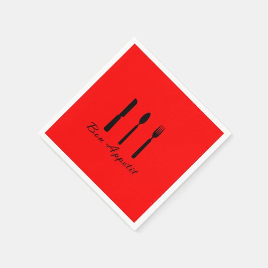 Bon Appetit zwart zilverwerk op rood papier servet (Hoek)