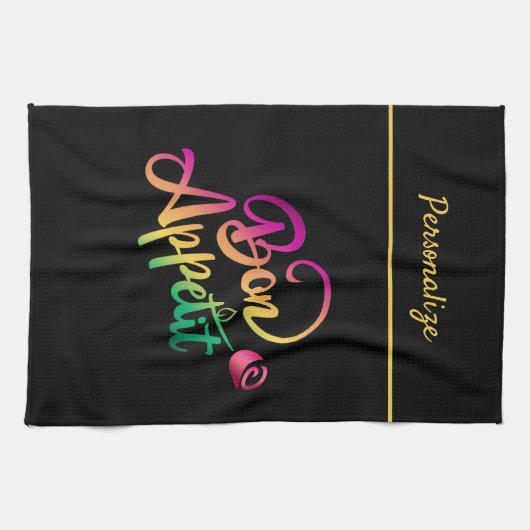 Bon Appetite Quote Paars Yellow Black Theedoek (Horizontaal)