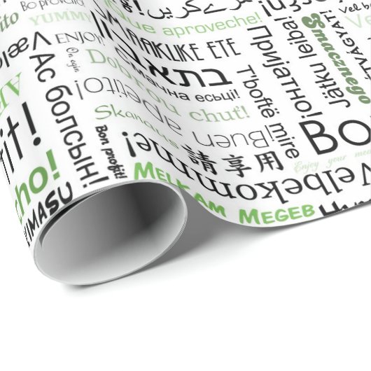 Bon-eetlust in veel talen - groen cadeaupapier (Rol Hoek)