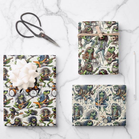 Bon Froggi Frog Rock Band Funny Gift Wrap Set Inpakpapier Vel (Voorkant)